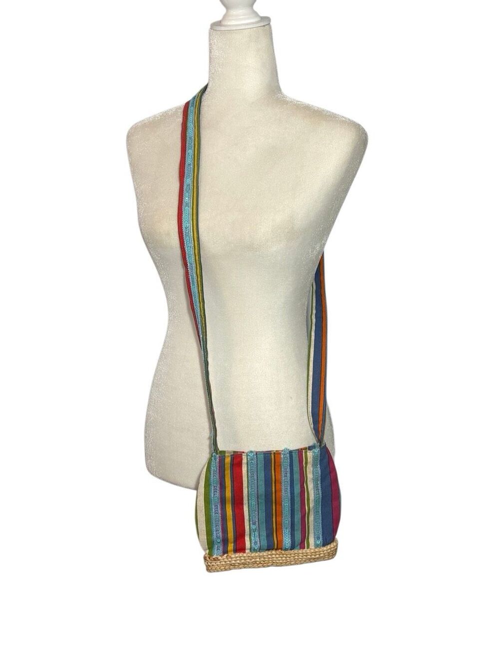 Club Med cotton striped crossbody bag with sequins and rattan bottom